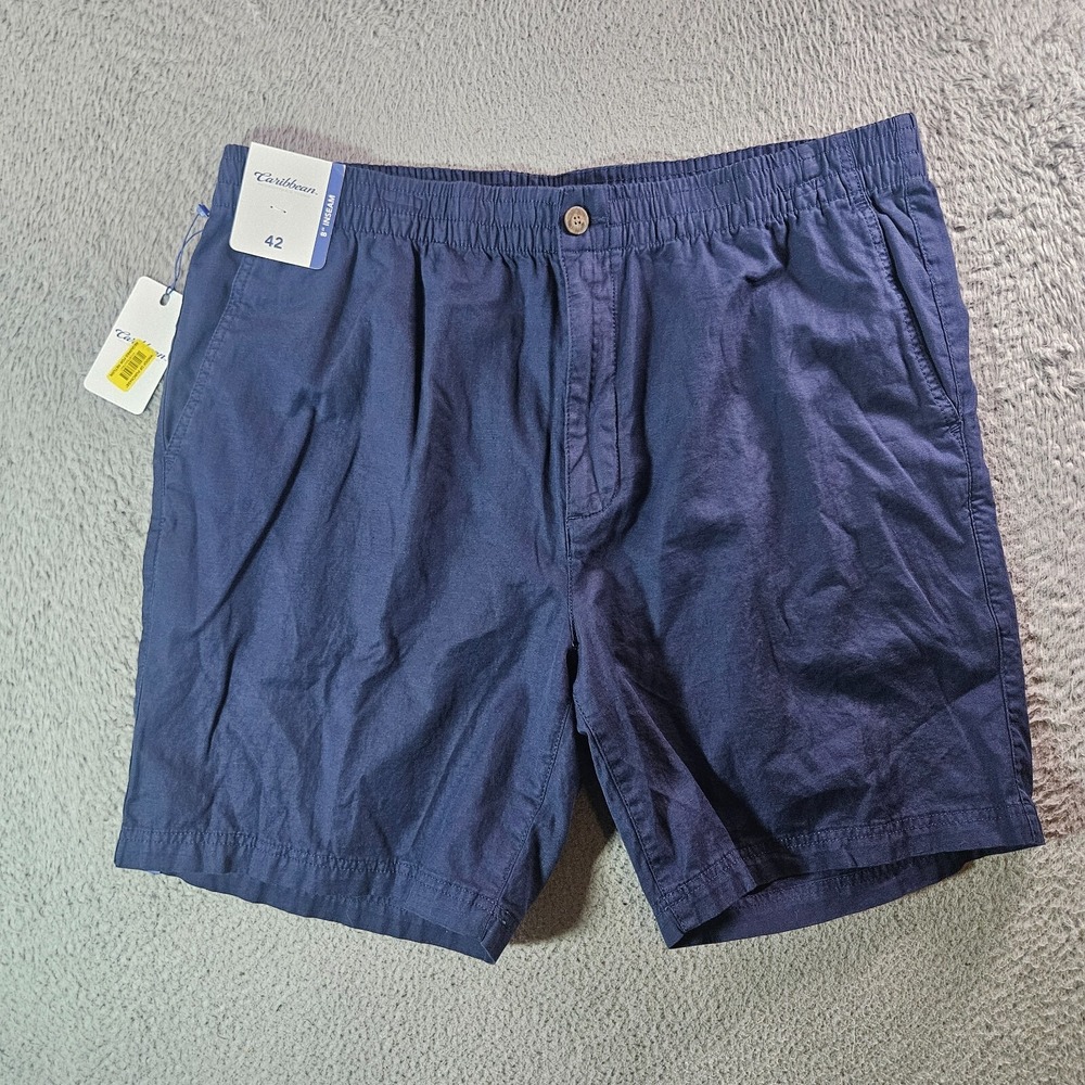 NWT Caribbean Roundtree & Yorke Shorts Men 42‎ x 8" Cotton Linen Navy
